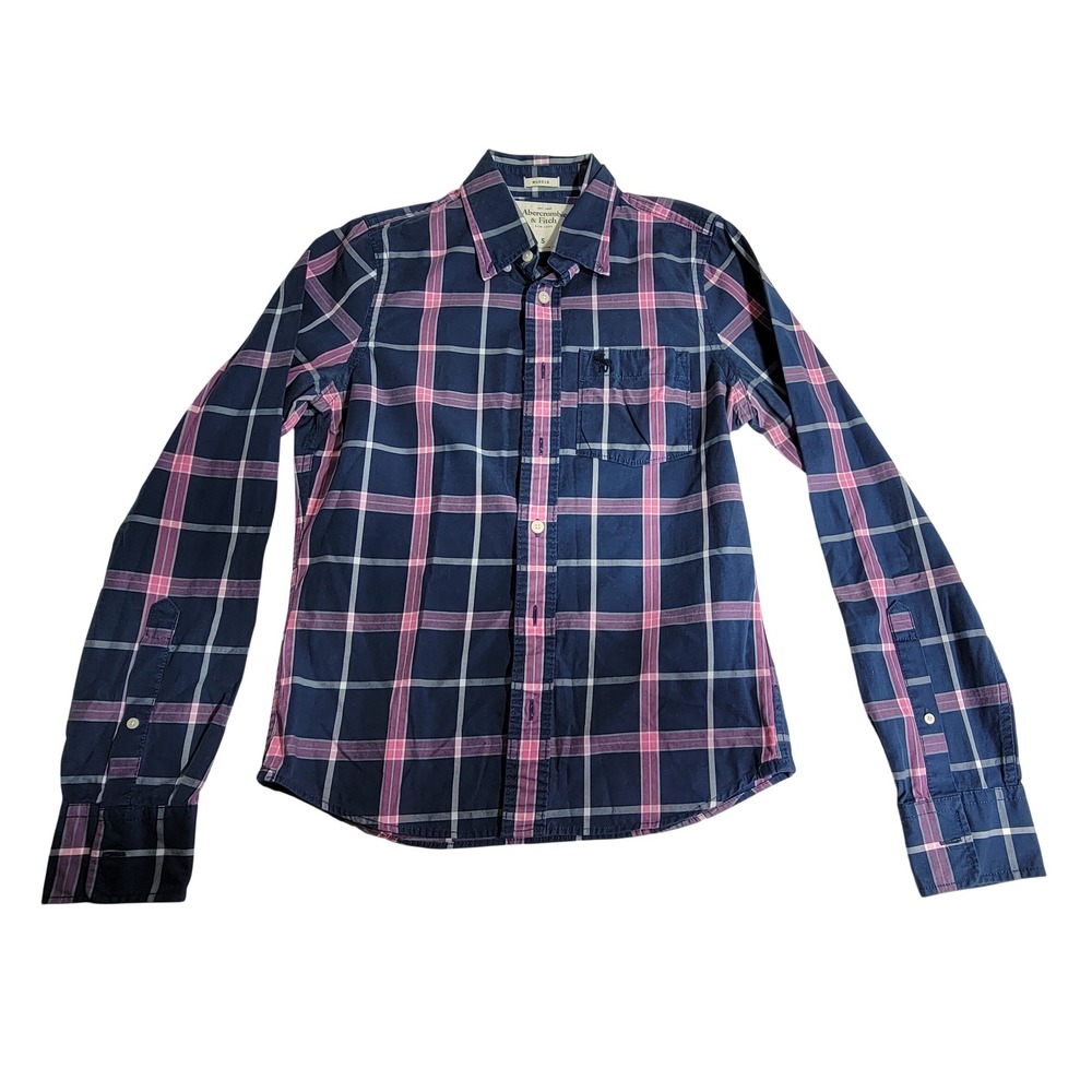 Abercrombie & Fitch Mens Muscle Fit Plaid Button Down Shirt Navy Pink Small
